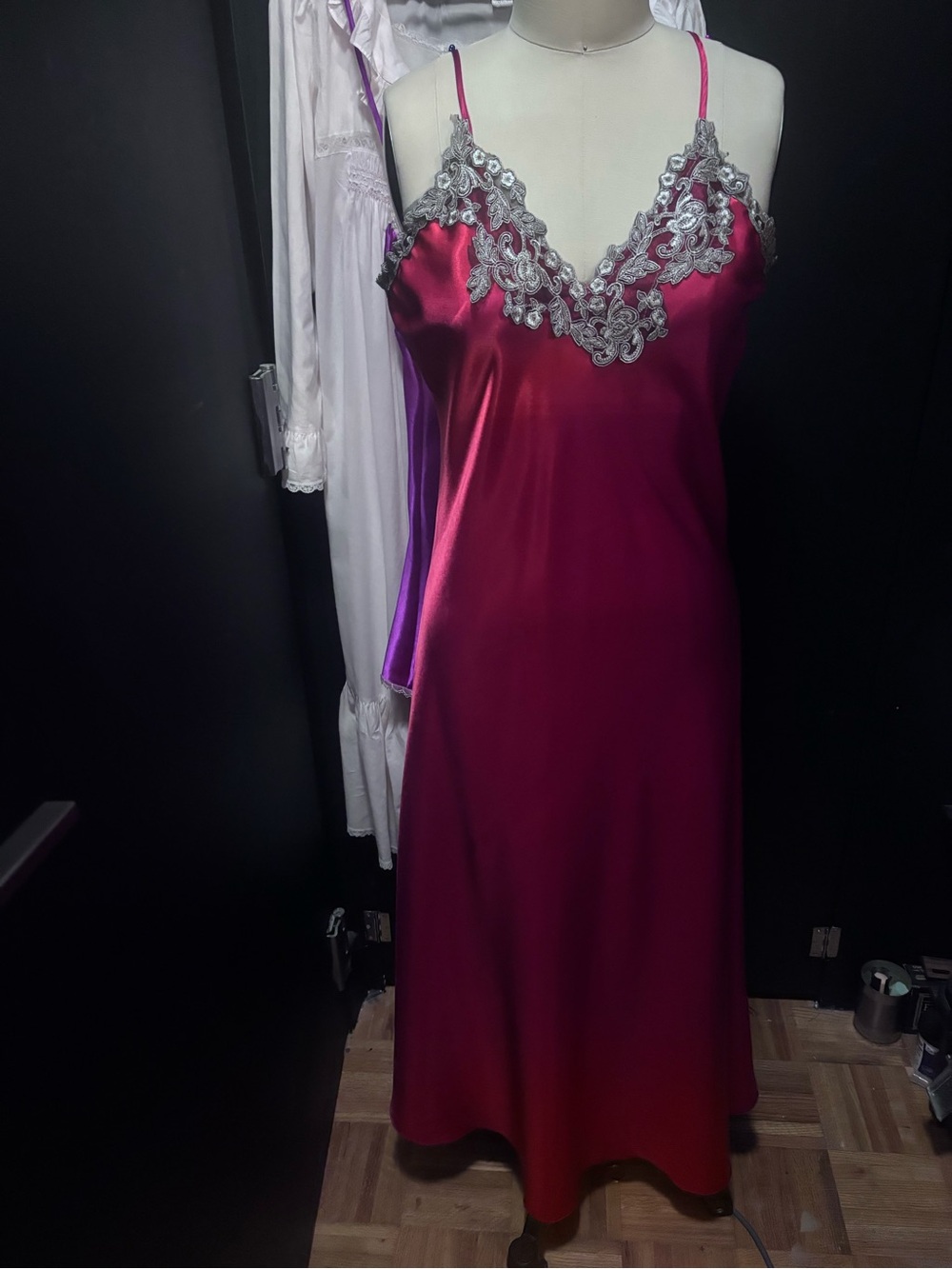 Silky Red Lace-Trim Slip Dress with Matching Robe- Women Intimates size Large